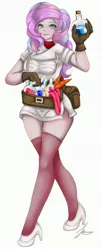 Size: 1280x3139 | Tagged: safe, artist:jennobasilicum, derpibooru import, potion nova, equestria girls, my little pony: pony life, bag, belt, bottle, breasts, carrot, clothes, equestria girls-ified, female, food, gloves, high heels, potion, potions, shirt, shoes, simple background, skirt, sleeveless, sleeveless sweater, socks, solo, stockings, sweater, thigh highs, tongue out, white background