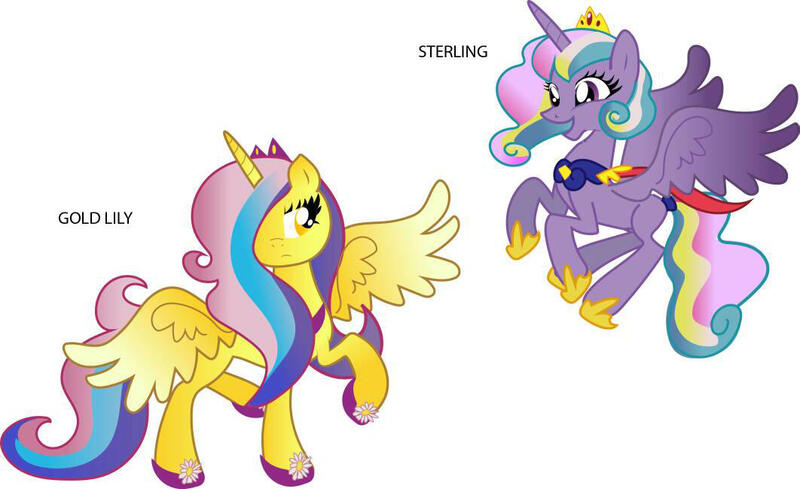 Size: 1062x649 | Tagged: safe, artist:zeldafreak159, derpibooru import, princess gold lily, princess sterling, alicorn, female, flying, siblings, sisters