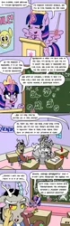 Size: 750x2400 | Tagged: safe, artist:bjdazzle, derpibooru import, cozy glow, discord, grogar, lord tirek, princess luna, queen chrysalis, starlight glimmer, stygian, tempest shadow, twilight sparkle, twilight sparkle (alicorn), alicorn, centaur, changeling, changeling queen, draconequus, pegasus, pony, season 9 retirement party, the ending of the end, antagonist, apple, banner, book, chair, chalk, chalkboard, classroom, colored horn, comic, crown, curved horn, desk, disembodied horn, drawing, equal sign, eye clipping through hair, female, filly, food, horn, jewelry, karma, leaning back, lecture, legion of doom statue, levitation, magic, male, mare, moon, motivational, netitus, notebook, pencil, petrification, podium, pointer, poster, punishment, reformation, reformed villain, regalia, rockhoof's shovel, shield, shovel, smiley face, sombra's horn, spread wings, starswirl's book, statue, storm king's emblem, sun, teacher, teaching, telekinesis, wall of tags, wings