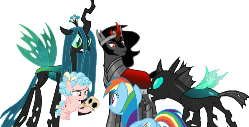 Size: 1411x720 | Tagged: safe, artist:dashiesparkle edit, artist:kayman13, artist:suramii, derpibooru import, edit, vector edit, cozy glow, king sombra, queen chrysalis, rainbow dash, thorax, changeling, pegasus, pony, umbrum, unicorn, angry, crystal wings, cute, fangs, female, filly, flying, freckles, frown, holding, looking at each other, male, mare, ready to fight, simple background, skull, sombradorable, transparent background, vector, wings
