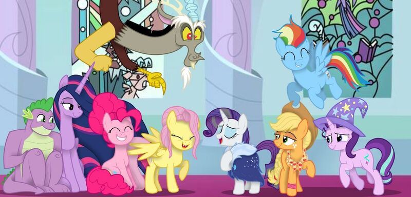 Size: 1024x491 | Tagged: safe, artist:squipycheetah, derpibooru import, applejack, cozy glow, discord, fluttershy, lord tirek, pinkie pie, princess twilight 2.0, queen chrysalis, rainbow dash, rarity, spike, starlight glimmer, twilight sparkle, twilight sparkle (alicorn), alicorn, centaur, draconequus, dragon, earth pony, pegasus, pony, taur, unicorn, the last problem, apple bloom's bow, bow, clothes, cute, cute little fangs, fangs, female, future, gigachad spike, hair bow, happy, hat, headcanon, implied death, laughing, male, mane eight, mane seven, mane six, missing accessory, older, older applejack, older fluttershy, older mane seven, older mane six, older pinkie pie, older rainbow dash, older rarity, older spike, older starlight glimmer, older twilight, older twilight sparkle (alicorn), starlight wearing trixie's hat, trixie's hat