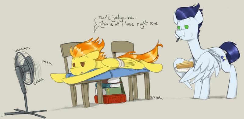 Size: 2150x1050 | Tagged: safe, artist:sinrar, derpibooru import, soarin', spitfire, pegasus, pony, bandage, book, chair, cute, cutefire, duo, electric fan, female, food, herbivore, image, injured wing, male, mare, no pupils, onomatopoeia, pie, png, simple background, sound effects, speech bubble, stallion, that pony sure does love pies, the pegasus is grounded, wing hands, wings
