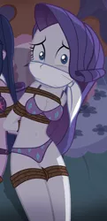 Size: 360x746 | Tagged: suggestive, artist:radiantrealm, derpibooru import, edit, rarity, twilight sparkle, equestria girls, belly button, bondage, bound and gagged, bra, breasts, cleavage, cloth gag, clothes, cropped, cutie mark, cutie mark on clothes, cutie mark underwear, female, femsub, gag, otn gag, over the nose gag, panties, rarisub, rope, rope bondage, scared, solo focus, submissive, tied up, twisub, underwear