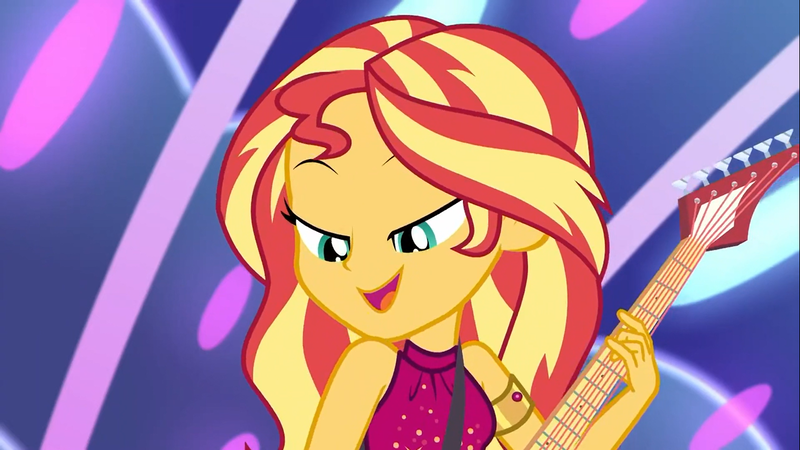 Size: 1366x768 | Tagged: safe, artist:axelsanchez, derpibooru import, sunset shimmer, equestria girls, equestria girls series, spring breakdown, spoiler:eqg series (season 2), all good (song), bracelet, clothes, dress, female, guitar, jewelry, musical instrument, new hairstyle, sleeveless, solo