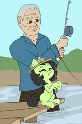 Size: 989x1500 | Tagged: safe, artist:happy harvey, derpibooru import, oc, oc:anonfilly, earth pony, human, pony, blank flank, clothes, crossover, dock, drawn on phone, elderly, female, filly, fishing, fishing rod, happy, hat, jeremy wade, male, pier, river monsters, sitting, standing, wading