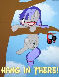 Size: 2318x3000 | Tagged: safe, artist:g1mariomiyamoto, derpibooru import, oc, oc:cinnabyte, unofficial characters only, cinnabetes, cute, friend, gaming headset, gift art, hanging, hang in there, headphones, headset, inspiration, solo, tree, tree branch