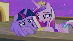 Size: 1280x720 | Tagged: safe, derpibooru import, screencap, princess cadance, twilight sparkle, twilight sparkle (alicorn), alicorn, pony, once upon a zeppelin, comforting, comforting twilight, duo, duo female, female, floppy ears, hoof shoes, hug, sisters-in-law, winghug