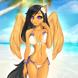 Size: 2000x2000 | Tagged: suggestive, artist:sweet-queen, derpibooru import, oc, oc:quick bullet, unofficial characters only, anthro, pegasus, absolute cleavage, beach, belly button, bikini, breasts, cleavage, clothes, cosplay, costume, female, palm tree, solo, solo female, swimsuit, tree, wings