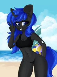 Size: 1700x2300 | Tagged: safe, artist:rinteen, derpibooru import, oc, oc:blue visions, unofficial characters only, anthro, changeling, beach, belly button, bikini, blue changeling, breasts, cleavage, clothes, commission, female, solo, swimsuit, ych result