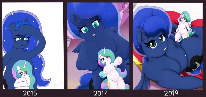 Size: 1280x607 | Tagged: alicorn, anthro, artist:jessesmash32, belly, breasts, chubby, commission, cutie mark, derpibooru import, digital art, duo, duo female, featureless breasts, featureless crotch, female, hooves, horn, princess celestia, princess luna, progress, royal sisters, safe, siblings, sisters, size difference, wings