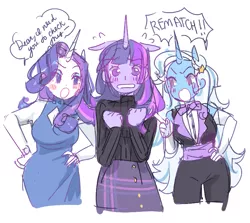 Size: 765x681 | Tagged: safe, artist:costly, derpibooru import, rarity, trixie, twilight sparkle, anthro, blushing, clothes, dress, female, hairpin, lesbian, nervous, rarilight, shipping, skirt, sweater, twixie