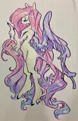 Size: 1308x2048 | Tagged: safe, artist:costly, derpibooru import, fluttershy, colored pencil drawing, eyes closed, female, sketch, solo, traditional art