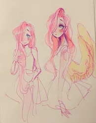 Size: 1601x2048 | Tagged: safe, artist:costly, derpibooru import, fluttershy, human, blushing, clothes, dress, female, humanized, solo, traditional art, winged humanization, wings