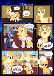 Size: 3259x4607 | Tagged: safe, artist:estories, derpibooru import, oc, oc:alice goldenfeather, oc:fable, oc:golden jewel, unofficial characters only, earth pony, pegasus, pony, comic:nevermore, ..., brother and sister, clothes, colt, comic, costume, cute, dialogue, earth pony oc, female, male, mare, mother and child, mother and daughter, mother and son, ocbetes, pegasus oc, siblings, speech bubble, stallion, wings