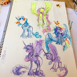 Size: 1024x1024 | Tagged: safe, artist:costly, derpibooru import, fluttershy, rainbow dash, twilight sparkle, alicorn, female, highlighter drawing, sketch, traditional art, twilight sparkle (alicorn)