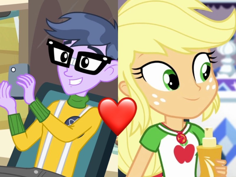 Size: 1372x1029 | Tagged: safe, derpibooru import, applejack, microchips, equestria girls, equestria girls (movie), equestria girls series, blonde hair, dork, geode of super strength, heart, iphone, magical geodes, microjack, nerd, shipping, shipping domino, suspenders