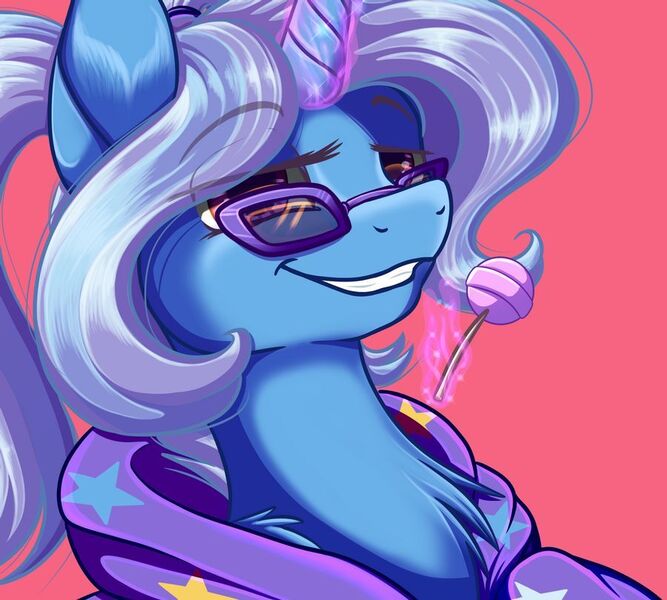 Size: 900x810 | Tagged: safe, artist:banoodle, derpibooru import, trixie, alternate hairstyle, babysitter trixie, candy, clothes, female, food, glasses, hoodie, lollipop, magic, solo