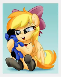 Size: 1640x2048 | Tagged: safe, artist:jhayarr23, derpibooru import, oc, oc:wingblossom, oc:xeto, unofficial characters only, pegasus, pony, blonde, bow, clothes, cuddling, female, heart, jewelry, male, mare, necklace, open mouth, plushie, socks, stallion, stockings, thigh highs, tights