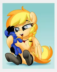 Size: 1640x2048 | Tagged: safe, artist:jhayarr23, derpibooru import, oc, oc:wingblossom, oc:xeto, unofficial characters only, pegasus, pony, blonde, bow, clothes, cuddling, female, heart, jewelry, male, mare, necklace, open mouth, plushie, socks, stallion, stockings, thigh highs, tights