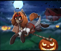 Size: 1280x1067 | Tagged: safe, artist:kyotokisha15, derpibooru import, oc, unofficial characters only, pony, unicorn, art trade, barn, clothes, costume, digital art, female, halloween, halloween costume, holiday, horn, jack-o-lantern, mare, mouth hold, night, pumpkin, running, smiling, solo, tail