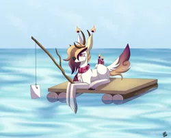 Size: 2351x1890 | Tagged: safe, artist:sadatrix, derpibooru import, oc, oc:blueberry, unofficial characters only, deer, deer pony, original species, scented pony, candle, female, fishing rod, prone, raft, solo, water