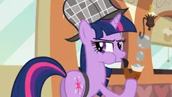 Size: 3000x1687 | Tagged: safe, derpibooru import, screencap, twilight sparkle, pony, unicorn, mmmystery on the friendship express, blowing bubbles, bubble pipe, butt, deerstalker, detective, female, hat, mare, pipe, plot, puffy cheeks, solo, twibutt, unicorn twilight