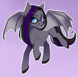 Size: 1280x1264 | Tagged: safe, artist:kyotokisha15, derpibooru import, oc, oc:luna farrowe, unofficial characters only, bat pony, pony, bat pony oc, bat wings, commission, digital art, female, flying, glasses, looking at you, mare, simple background, smiling, smiling at you, solo, spread wings, tail, wings