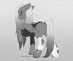 Size: 1280x1067 | Tagged: grimdark, artist:kyotokisha15, derpibooru import, oc, unofficial characters only, pegasus, pony, undead, zombie, zombie pony, butt, clothes, digital art, female, looking at you, looking back, looking back at you, mare, monochrome, plot, simple background, solo, spread wings, tail, torn clothes, wings