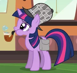 Size: 1350x1293 | Tagged: safe, derpibooru import, screencap, twilight sparkle, pony, unicorn, mmmystery on the friendship express, blowing bubbles, bubble pipe, butt, cropped, deerstalker, detective, female, hat, mare, pipe, puffy cheeks, solo, unicorn twilight