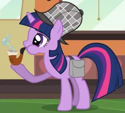 Size: 1426x1293 | Tagged: safe, derpibooru import, screencap, twilight sparkle, pony, unicorn, mmmystery on the friendship express, blowing bubbles, bubble pipe, butt, cropped, deerstalker, detective, female, hat, mare, pipe, puffy cheeks, solo, unicorn twilight
