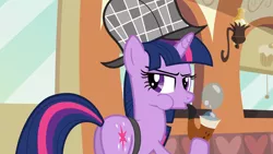 Size: 1920x1080 | Tagged: safe, derpibooru import, screencap, twilight sparkle, pony, unicorn, mmmystery on the friendship express, blowing bubbles, bubble pipe, butt, deerstalker, detective, female, hat, mare, pipe, puffy cheeks, solo, twibutt, unicorn twilight