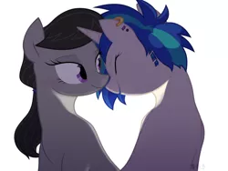 Size: 1600x1200 | Tagged: safe, artist:yaaaco, derpibooru import, octavia melody, vinyl scratch, earth pony, pony, unicorn, alternate hairstyle, bedroom eyes, boop, cute, ear piercing, earring, female, jewelry, lesbian, mare, noseboop, nuzzling, older, piercing, scratchtavia, shipping, simple background, tavibetes, vinylbetes, white background