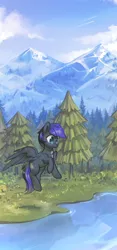 Size: 1511x3228 | Tagged: artist:mirroredsea, commission, derpibooru import, dog tags, flying, forest, high res, mountain, oc, pegasus, safe, scenery, solo, spread wings, tree, unofficial characters only, water, wings