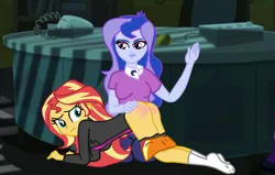 Size: 1920x1224 | Tagged: suggestive, artist:gmaplay, derpibooru import, princess luna, sunset shimmer, equestria girls, ass, black underwear, breasts, bunset shimmer, butt, clothes, discipline, female, frown, panties, panties around legs, panties pulled down, punishment, scowl, spank mark, spanking, underwear, vice principal luna, wrong eye color