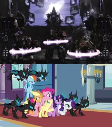 Size: 1876x2120 | Tagged: safe, derpibooru import, edit, edited screencap, screencap, applejack, fluttershy, pinkie pie, rainbow dash, rarity, twilight sparkle, changeling, a canterlot wedding, bumblebee (transformers), captured, comparison, crossover, decepticon, kaon, laserbeak, optimus prime, sideswipe, soundwave, transformers, transformers war for cybertron, transformers: war for cybertron, vehicon