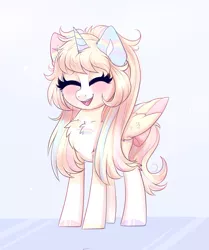 Size: 2045x2441 | Tagged: safe, artist:confetticakez, derpibooru import, oc, oc:princess, unofficial characters only, alicorn, pony, chest fluff, colored wings, cute, eyes closed, female, folded wings, mare, multicolored wings, open mouth, pigtails, simple background, solo, wings