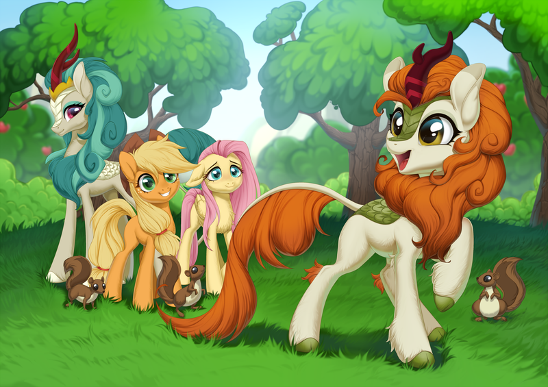 Size: 2500x1767 | Tagged: safe, artist:kyotokisha15, derpibooru import, applejack, autumn blaze, fluttershy, rain shine, earth pony, kirin, pegasus, pony, squirrel, sounds of silence, apple, apple tree, applejack's hat, awwtumn blaze, blushing, cowboy hat, cute, digital art, female, floppy ears, food, forest, grass, grin, happy, hat, high res, hooves, horn, mare, missing cutie mark, open mouth, raised hoof, singing, smiling, tail, tree, wings