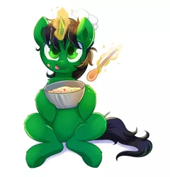 Size: 1954x2038 | Tagged: safe, artist:confetticakez, derpibooru import, oc, unofficial characters only, pony, unicorn, batter, bowl, cake batter, chef's hat, chest fluff, clothes, food, hat, levitation, magic, male, mixing bowl, simple background, sitting, solo, stallion, telekinesis, tongue out, underhoof, white background