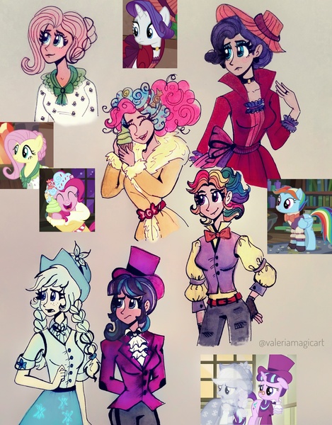 Size: 3163x4045 | Tagged: safe, artist:valeriamagicart, derpibooru import, applejack, flutterholly, fluttershy, merry, pinkie pie, rainbow dash, rarity, snowdash, snowfall frost, spirit of hearth's warming past, spirit of hearth's warming presents, starlight glimmer, human, a hearth's warming tail, cupcake, female, food, humanized, scene interpretation, screencap reference, traditional art