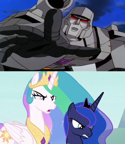 Size: 1900x2180 | Tagged: angry, begging, clash of hasbro's titans, comparison, crossover, decepticon, derpibooru import, edit, edited screencap, megatron, princess celestia, princess luna, safe, screencap, the ending of the end, the transformers: the movie, transformers, transformers generation 1