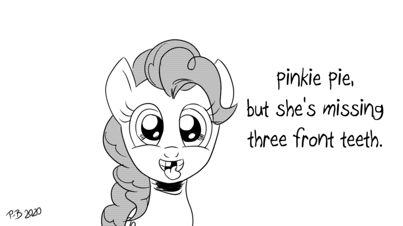 Size: 1200x675 | Tagged: safe, artist:pony-berserker, derpibooru import, pinkie pie, female, monochrome, pony-berserker's twitter sketches, solo, stippling, teeth