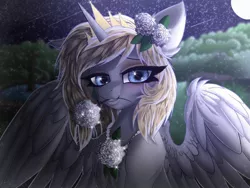 Size: 1620x1215 | Tagged: safe, alternate version, artist:pearl123_art, derpibooru import, oc, oc:pearl, unofficial characters only, alicorn, pony, alicorn oc, eyelashes, female, flower, flower in hair, flower in mouth, full moon, horn, mare, moon, mouth hold, night, solo, spread wings, stars, wings