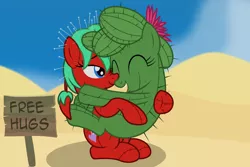Size: 2906x1939 | Tagged: safe, artist:badumsquish, derpibooru import, oc, oc:ferah, oc:poppet, ponified, unofficial characters only, cactus pony, monster pony, object pony, original species, plant pony, plush pony, pony, cactus, cute, desert, dunes, duo, ear piercing, everything went better than expected, female, flower, flower in hair, food, free hugs, hair bun, hair ornament, happy, hedgehog's dilemma, holding a pony, hug, hugs needed, image, mare, needle, nuzzling, open mouth, piercing, pincushion, pincushion pony, pins, plant, plushie, plushie pony, png, road, sad, seams, sitting, sky, smiling, smirk, snuggling, spikes, strawberry, tomato, tumbleweed