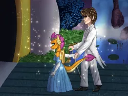 Size: 2048x1536 | Tagged: safe, artist:pearl123_art, derpibooru import, smolder, oc, dragon, human, fanfic:the lost element, bowtie, buckled shoes, cane, canon x oc, canterlot castle, clothes, dragoness, drawbridge, dress, duo, ear piercing, earring, evening gloves, female, folded wings, gem, gloves, grass, holding hands, horns, interspecies, jewel, jewelry, lilypad, long gloves, male, piercing, rock, romantic, shoes, sitting, slacks, straight, suit, tail, tailcoat, tiara, tomboy taming, walking stick, waterfall, wedding dress, white tuxedo, wings