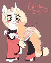 Size: 1275x1583 | Tagged: safe, artist:pearl123_art, derpibooru import, ponified, alicorn, bat pony, bat pony alicorn, pony, bat wings, blush sticker, blushing, bowtie, charlie magne, clothes, eye clipping through hair, female, hazbin hotel, horn, multiple limbs, raised hoof, solo, wings