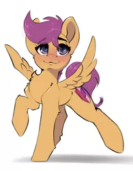 Size: 1866x2388 | Tagged: safe, artist:skitsniga, derpibooru import, scootaloo, pegasus, pony, blushing, chest fluff, cute, cutealoo, female, filly, high res, raised hoof, raised leg, simple background, smiling, solo, spread wings, white background, wings