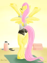 Size: 1800x2400 | Tagged: safe, artist:rockhoppr3, derpibooru import, fluttershy, anthro, pegasus, semi-anthro, blocks, clothes, female, fluttertree, solo, towel, tree pose, unshorn fetlocks, watch, water bottle, yoga, yoga mat, yoga pose