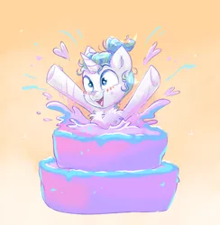 Size: 1911x1956 | Tagged: safe, artist:confetticakez, derpibooru import, oc, oc:alumx, unofficial characters only, pony, unicorn, birthday, birthday cake, blushing, cake, chest fluff, food, jumping out of cake, male, ponytail, solo, stallion