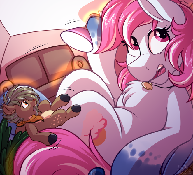 Size: 4000x3625 | Tagged: safe, artist:sugaryviolet, derpibooru import, oc, oc:evening skies, oc:habile, unofficial characters only, deer, pegasus, pony, absurd resolution, commission, couch, duo, giant pegasus, giant pony, growth, indoors, macro, pale belly, surprise growth, surprised