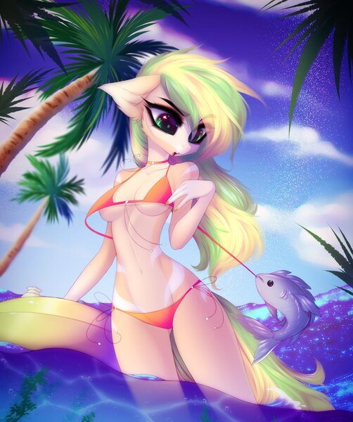 Size: 2536x3032 | Tagged: suggestive, artist:tomness, derpibooru import, oc, anthro, earth pony, fish, bikini, breasts, choker, clothes, clothing theft, embarrassed, female, image, imminent wardrobe malfunction, inner tube, jpeg, ocean, open mouth, palm tree, solo, solo female, swimsuit, tree